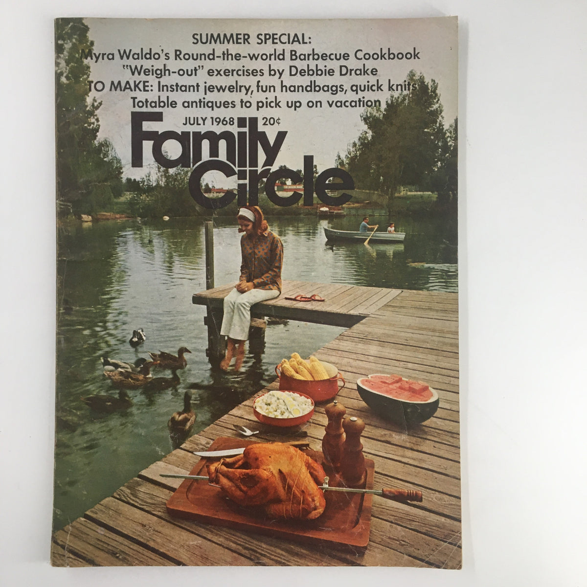 Cover of Family Circle Magazine from July 1968 showcasing Myra Waldo's Barbecue Cookbook, featuring a lakeside barbecue scene with food and people enjoying summer outdoor activities.