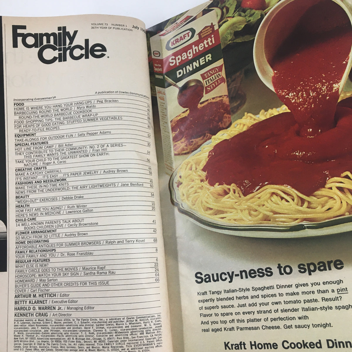 Inside page of Family Circle Magazine from July 1968 displaying the table of contents, highlighting articles and recipes, including an advertisement for Kraft Spaghetti Dinner.
