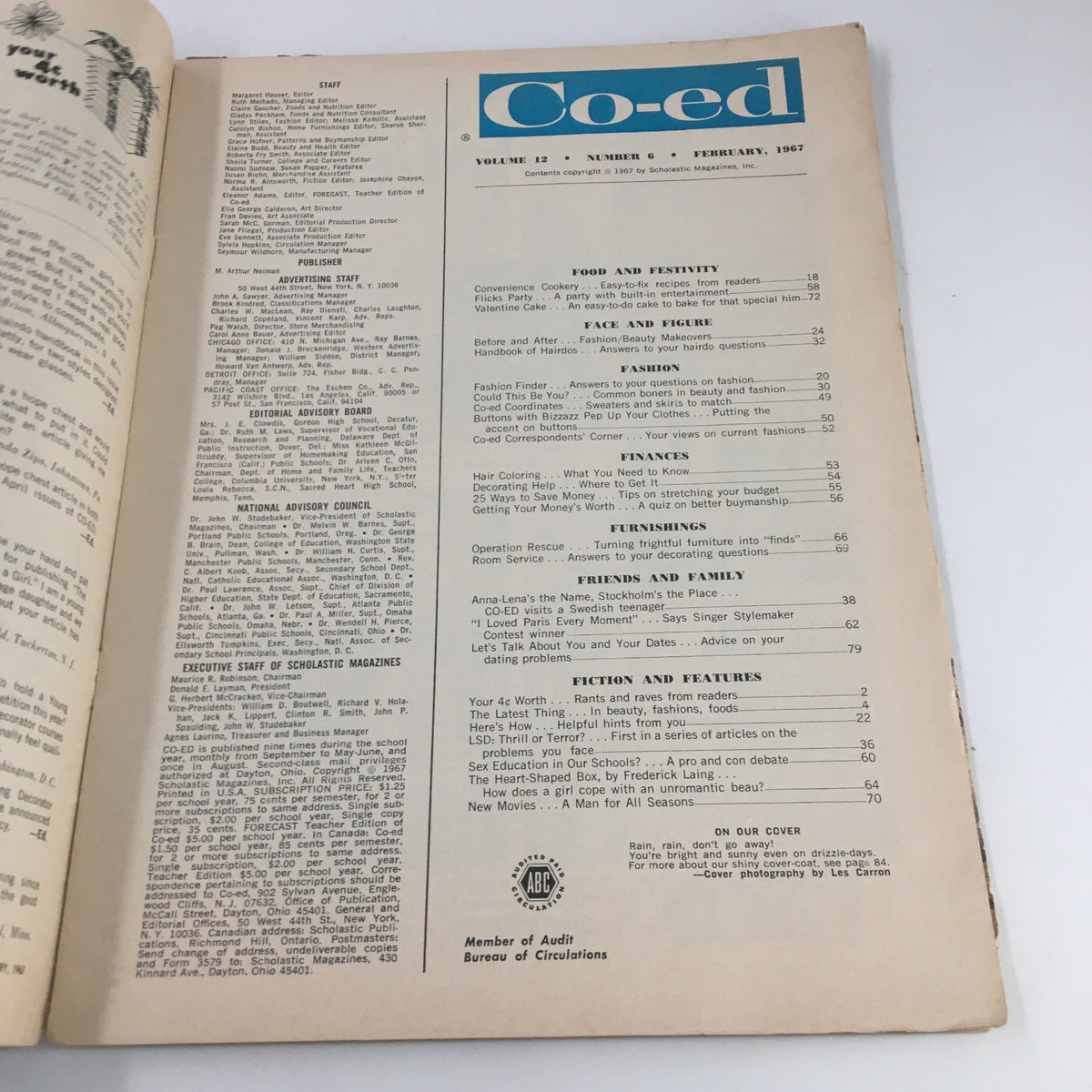 Interior page of the VTG Co-Ed Magazine February 1967, featuring the table of contents highlighting various sections such as food, fashion, finances, and fiction.