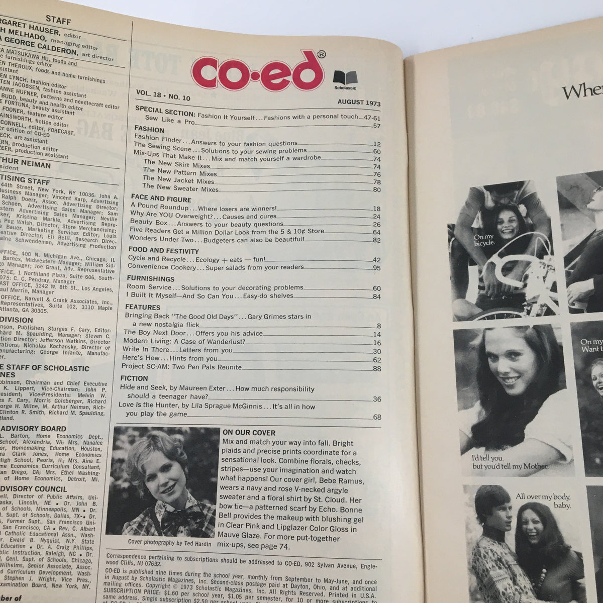 Inside page of Co-Ed Magazine, August 1973, includes the table of contents and an editorial section, showcasing features like fashion advice and beauty tips.