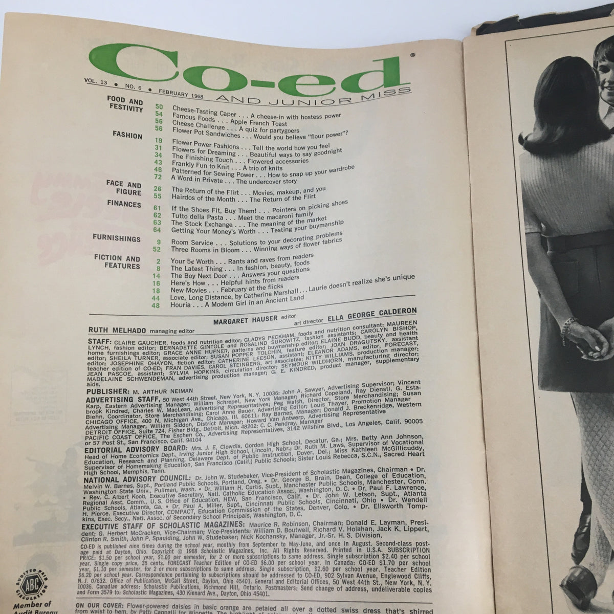 Inside page of the VTG Co-Ed Magazine February 1968 displaying the contents section, highlighting articles under the theme of fashion and societal trends during the 1960s.