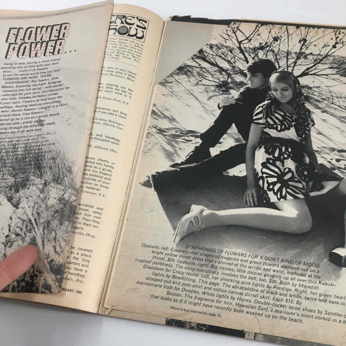 An interior spread of the VTG Co-Ed Magazine February 1968, featuring an article titled 'Flower Power' with a black-and-white photo of a couple amidst a natural setting, illustrating the fashion of the era.