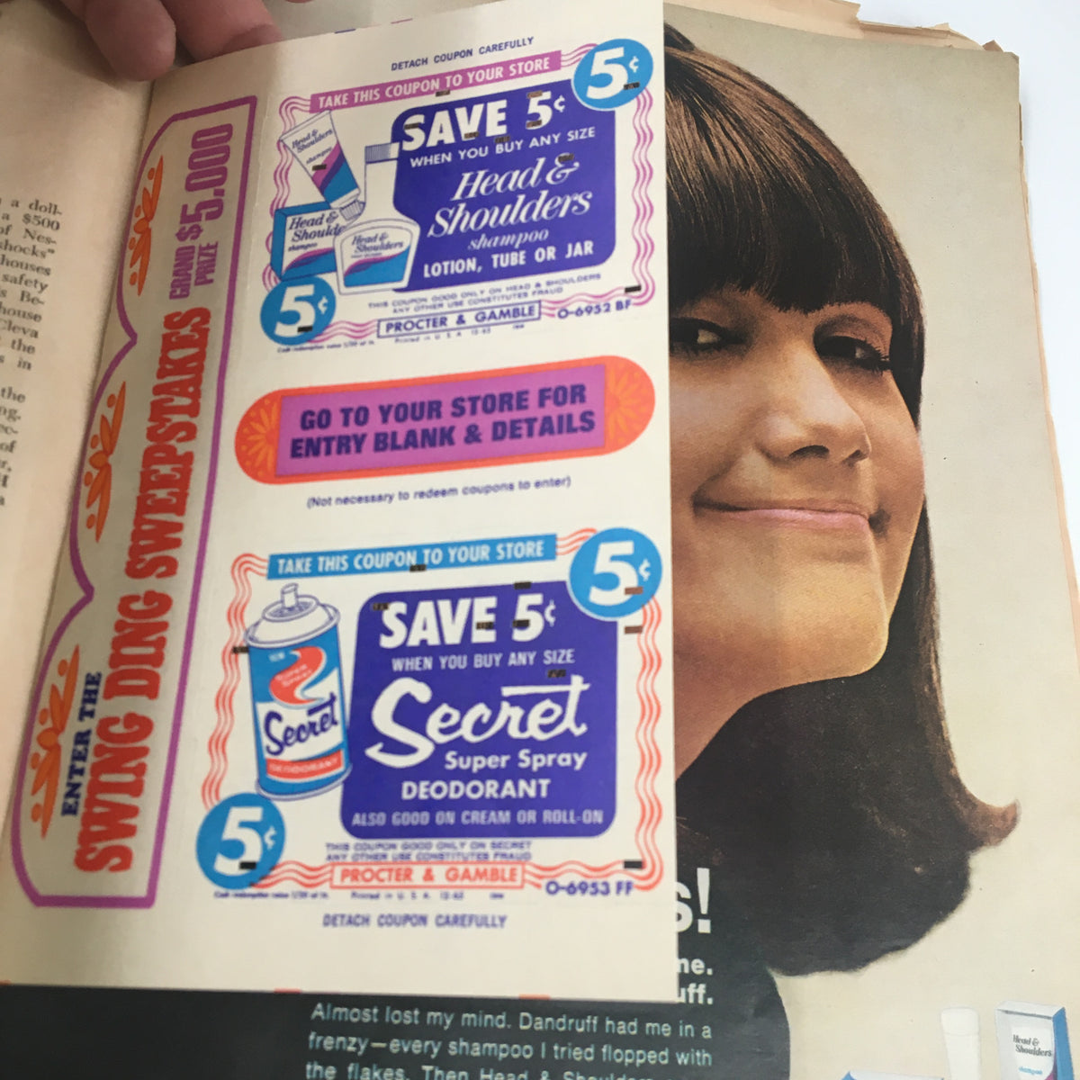 Inside page of VTG Co-Ed Magazine February 1966 showcasing vintage advertisements for Head & Shoulders shampoo and Secret deodorant, highlighting nostalgic products.