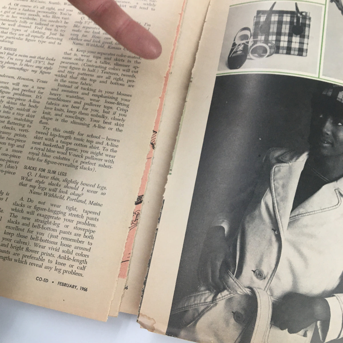 Detailed fashion tips from VTG Co-Ed Magazine February 1966, with a focus on figure-flattering styles and accessories for young women.