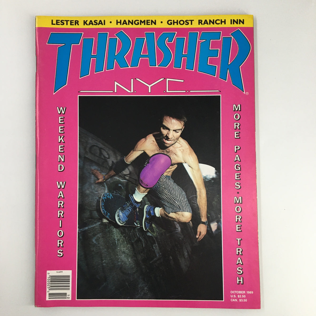 VTG Thrasher Magazine October 1989 featuring cover image of a skater performing a trick, showcasing 80s skate culture at the Brooklyn Bridge.