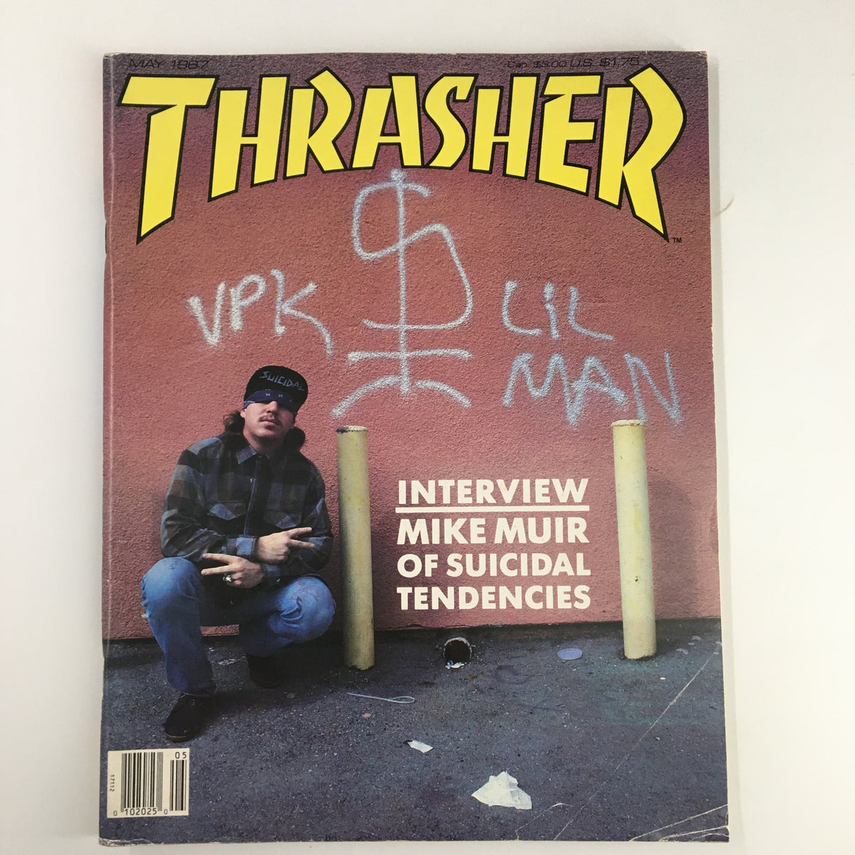 Cover of VTG Thrasher Magazine May 1987 featuring an interview with Mike Muir of Suicidal Tendencies, showcasing unique street art and the iconic skateboard culture of the era.