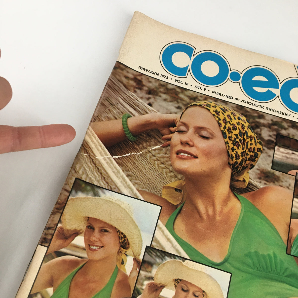 Close-up of the cover of VTG Co-Ed Magazine May 1973, highlighting a woman enjoying summer beauty tips and tricks.