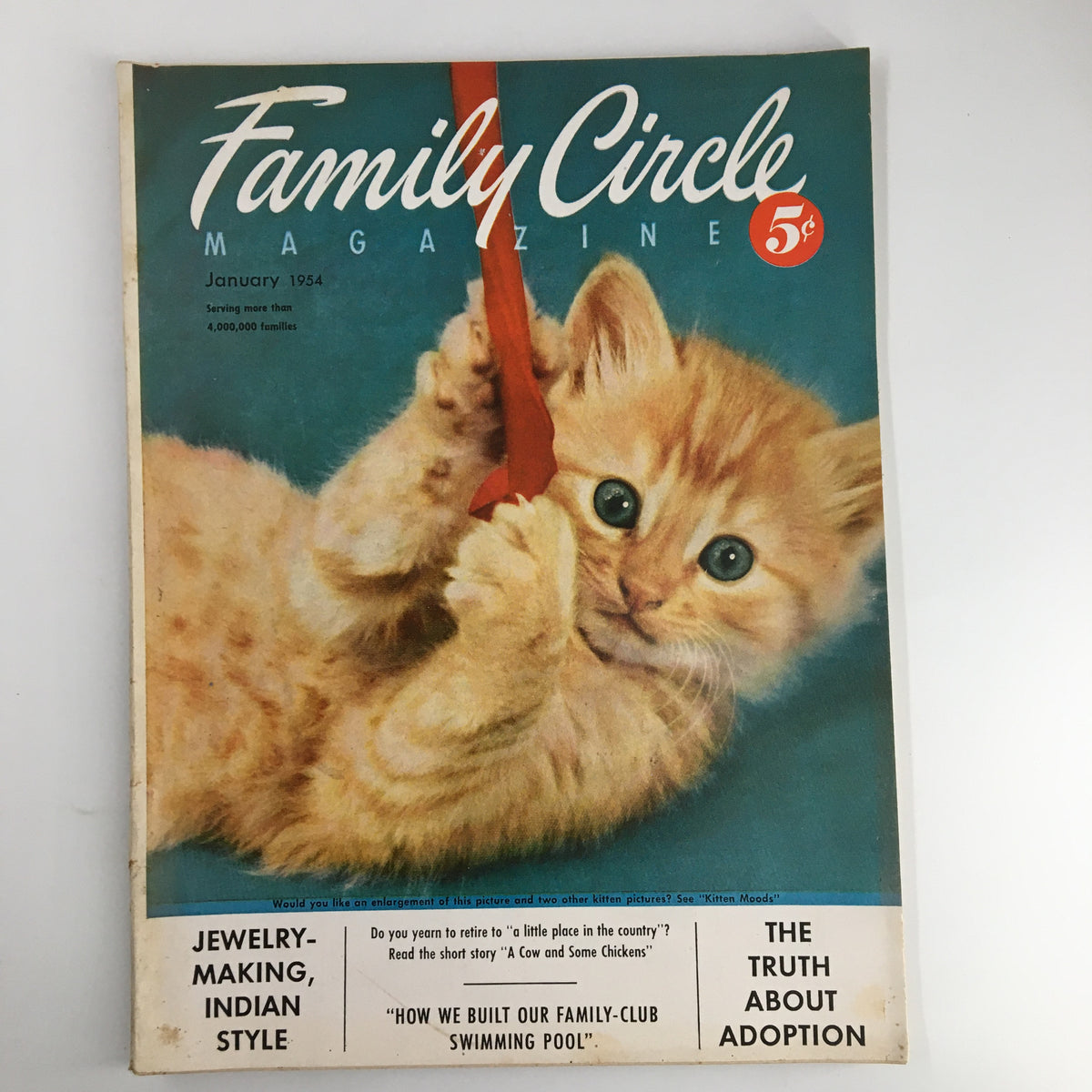 Cover of VTG Family Circle Magazine January 1954, featuring a playful kitten and the headline 'The Truth About Adoption'. This vintage magazine captures the essence of family dynamics in the early 1950s.