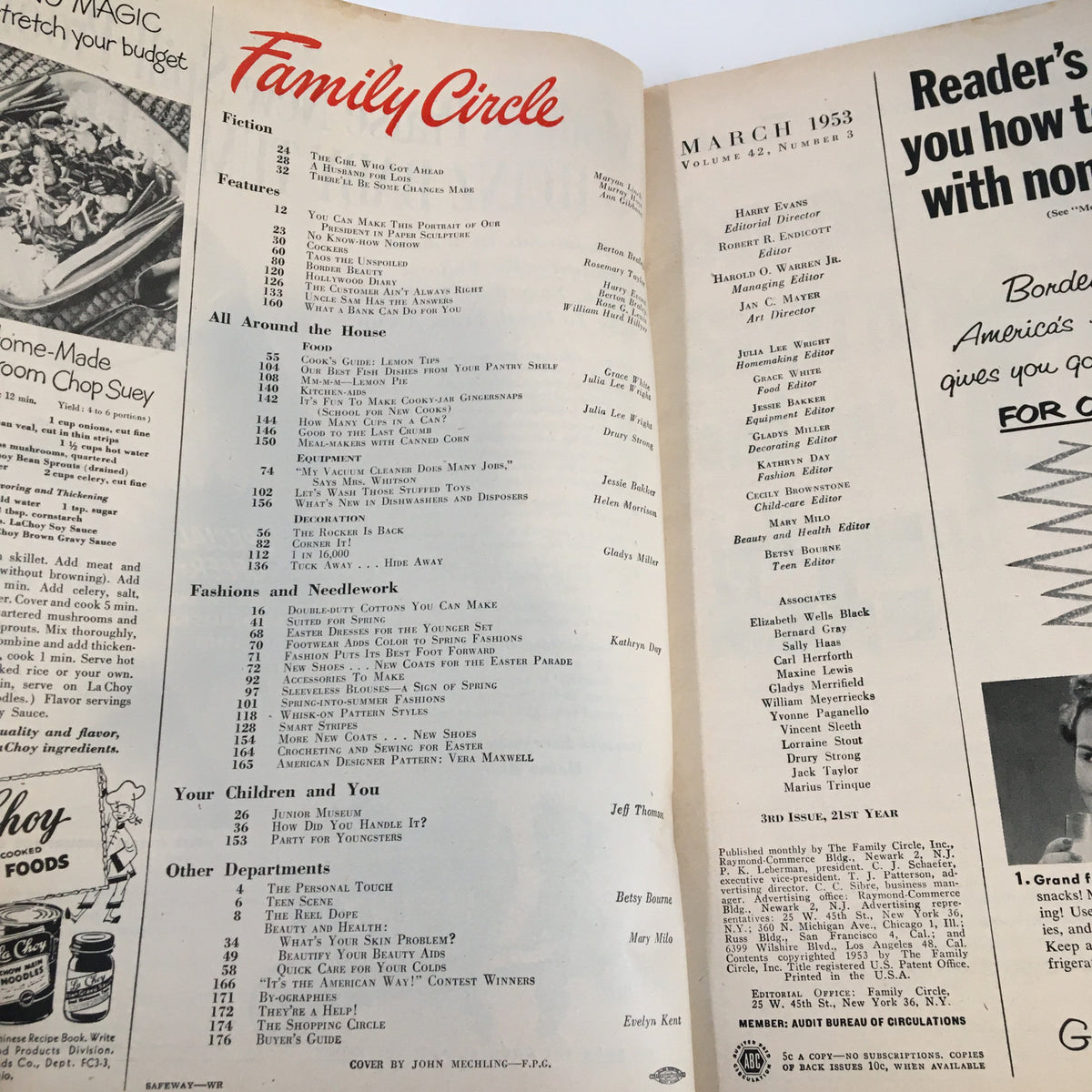 Interior page of the VTG Family Circle Magazine March 1953 showcasing the table of contents, reflecting the stylish layout and vintage design typical of mid-20th century publications.