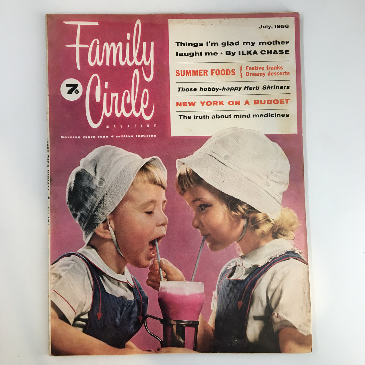 VTG Family Circle Magazine July 1956 Cover featuring two children sharing a drink, capturing the nostalgic essence of 1950s family life and hobbies.