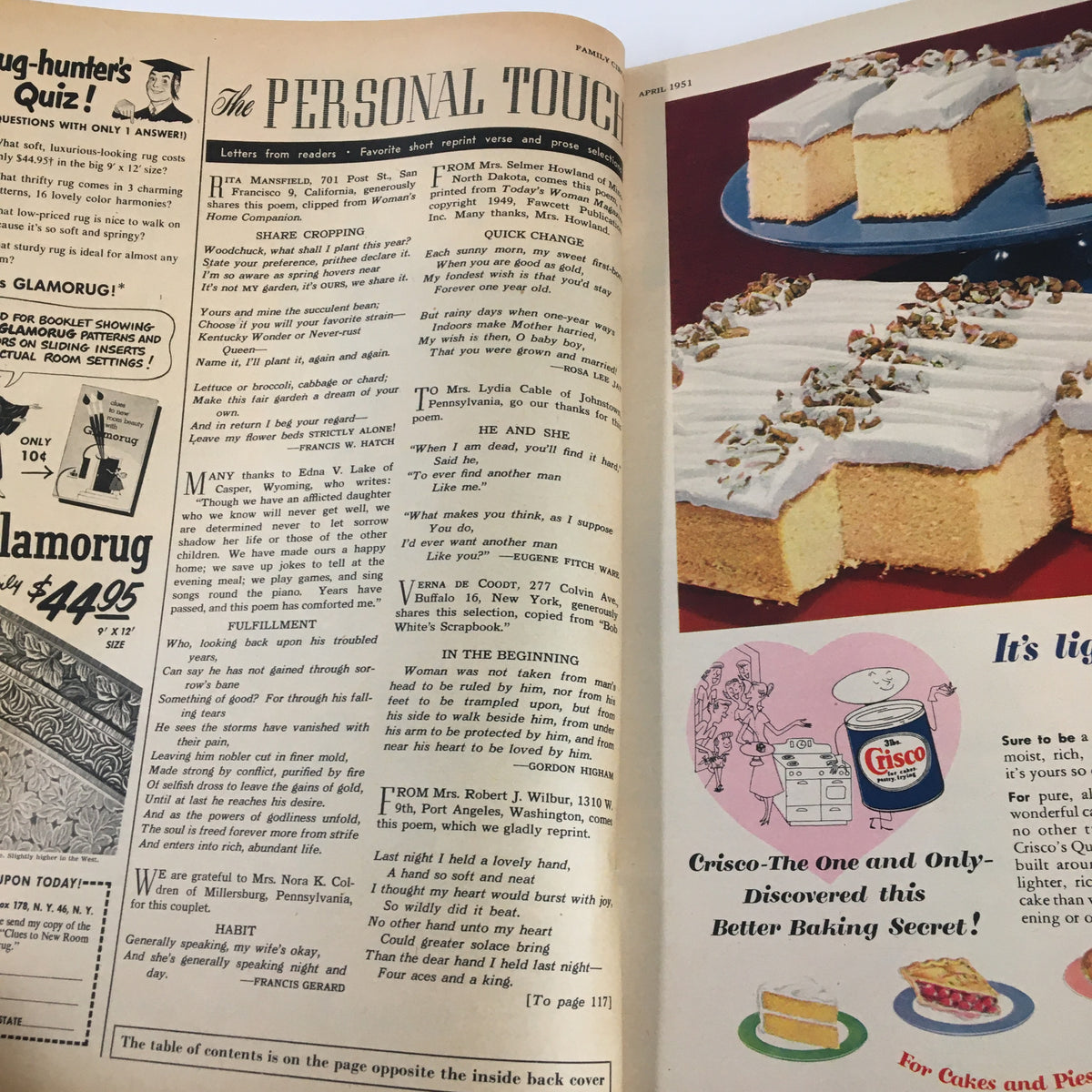 Vintage Family Circle Magazine April 1951 showcasing a column titled 'The Personal Touch' with letters from readers, highlighting family dynamics and home cooking, alongside a delicious looking Libby's Fruit-Freeze Cake recipe on the right.