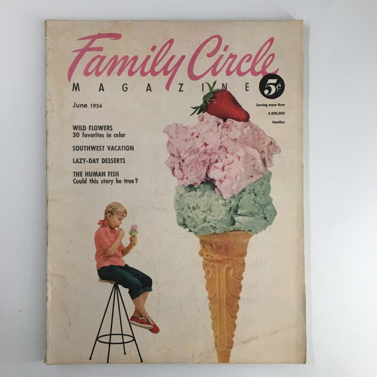 Cover of VTG Family Circle Magazine from June 1954 featuring 'The Lazy-Day Desserts' with a girl enjoying ice cream against a pastel background.