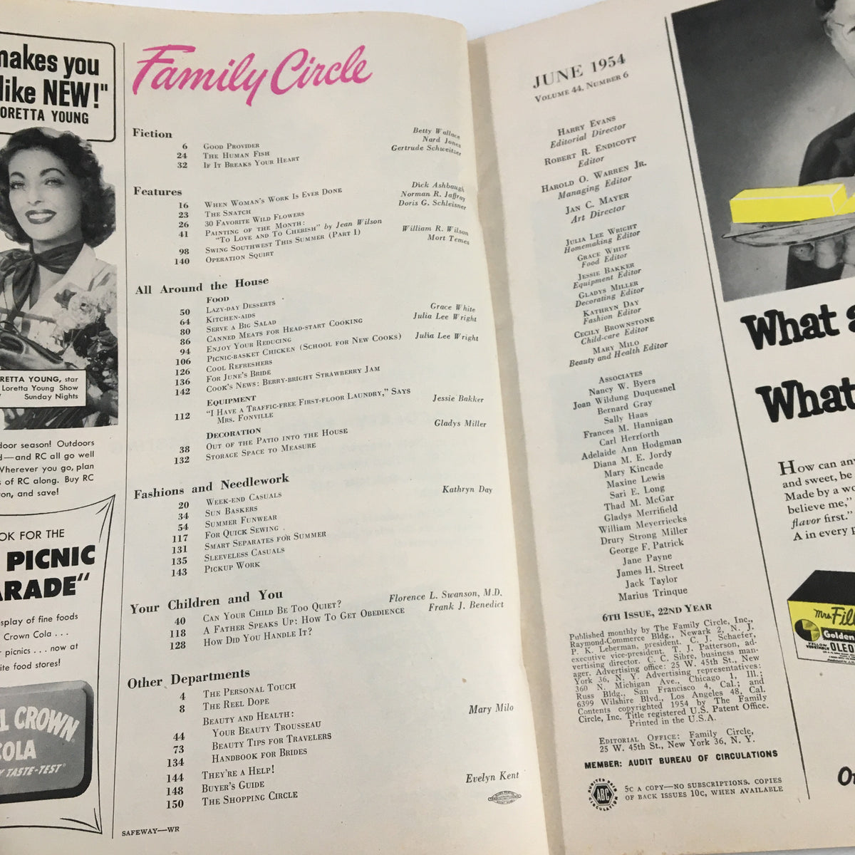 Interior page of VTG Family Circle Magazine June 1954, highlighting contents including Lazy-Day Desserts, vintage recipes, and retro design elements.