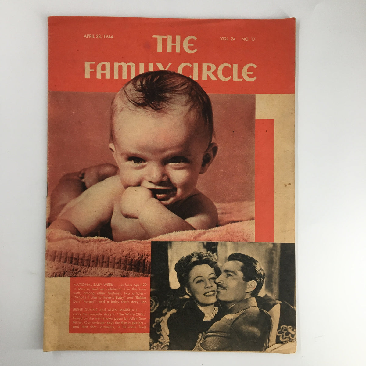 VTG Family Circle Magazine Cover from April 28, 1944 featuring an adorable baby and images of Irene Dunne and Alan Marshall, capturing mid-20th century family life.
