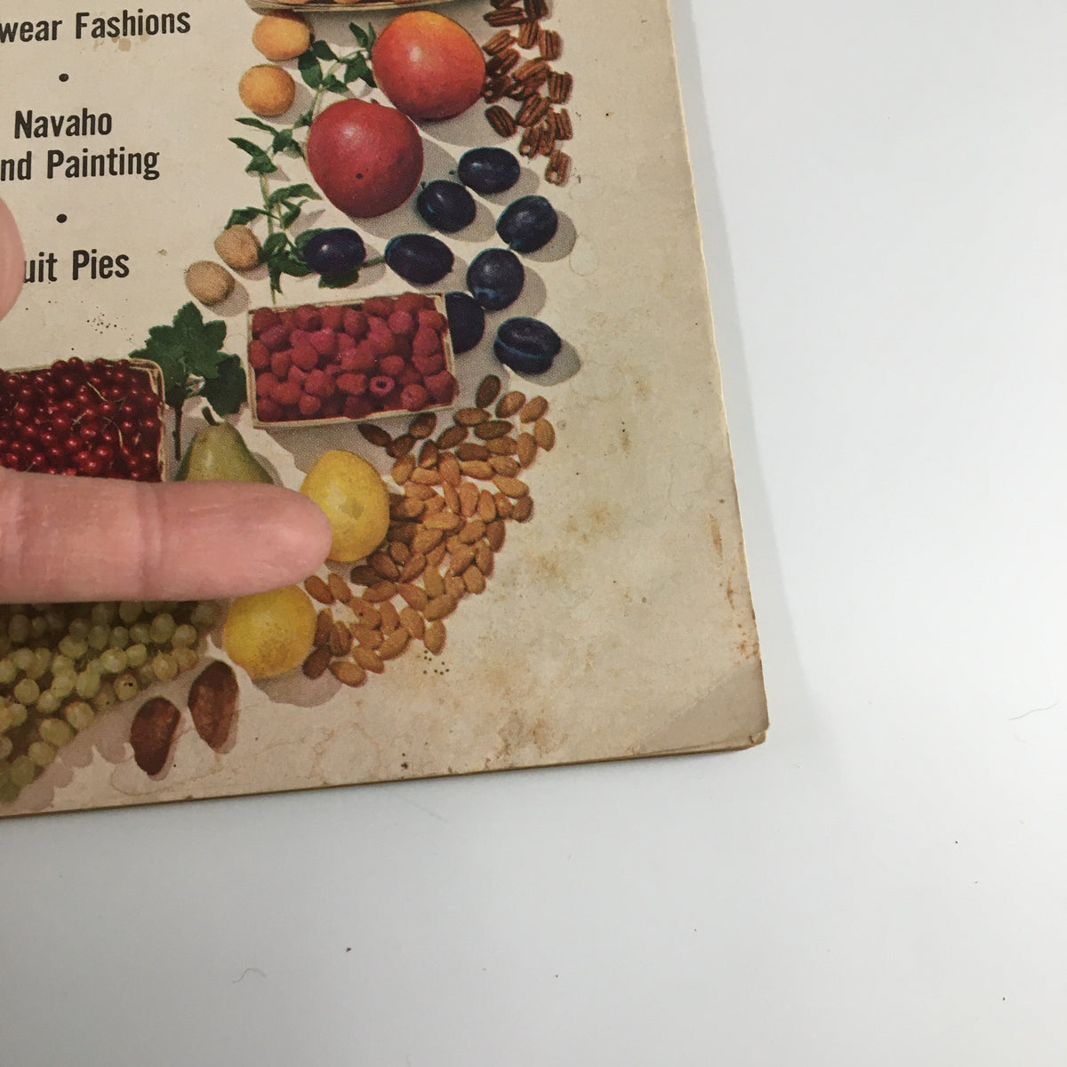 Cover detail of VTG Family Circle Magazine July 1953 showcasing vibrant fruit illustrations including apples, berries, and plums, representing delicious recipes and Navajo sand painting themes.