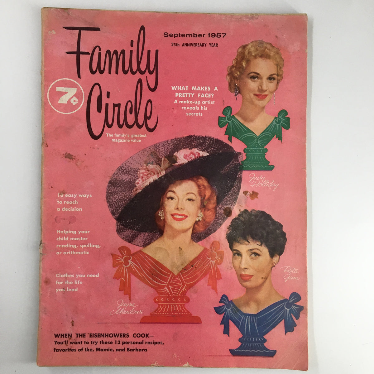 VTG Family Circle Magazine September 1957 cover featuring Judy Holliday and Rita Gam with a vibrant pink background and vintage illustrations.