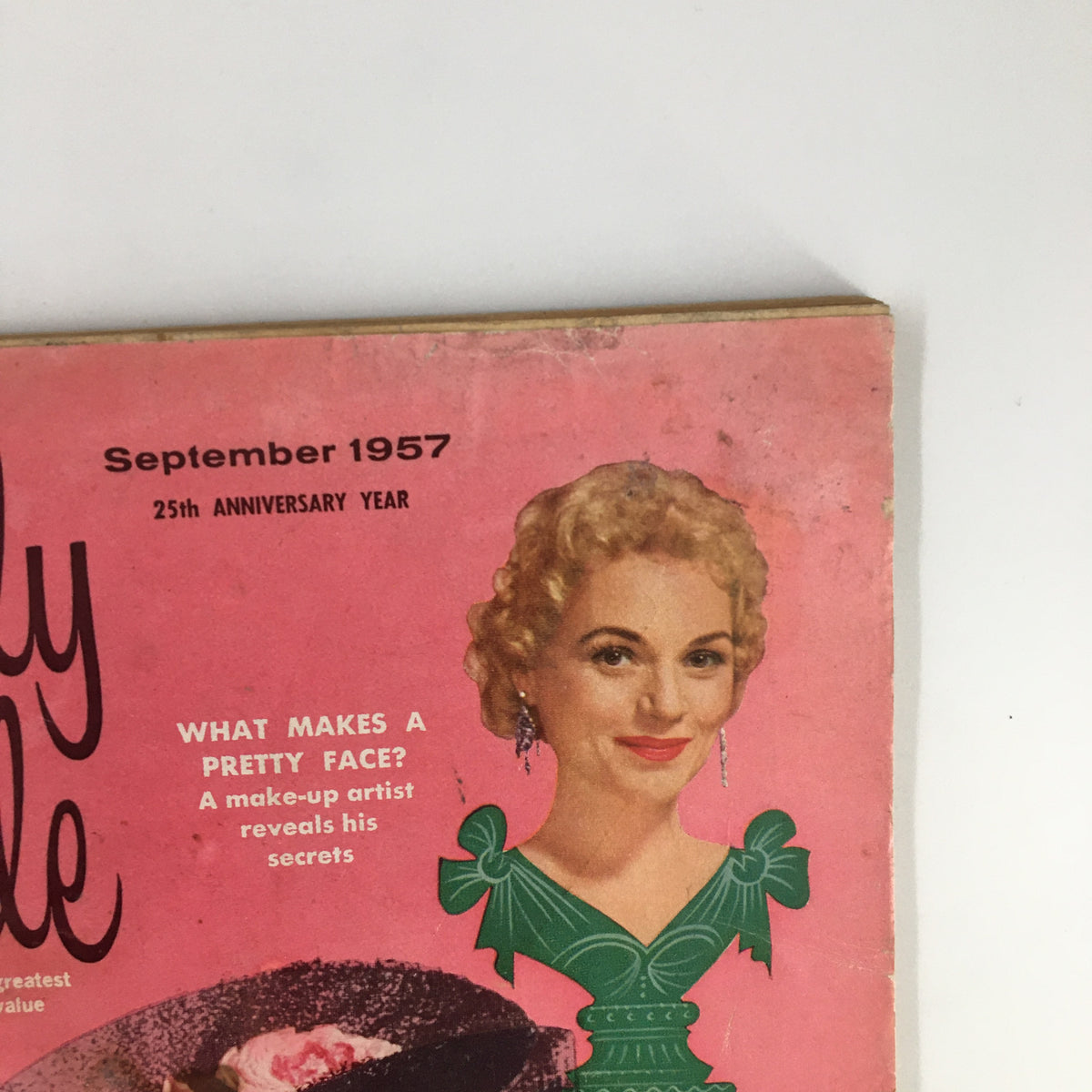 VTG Family Circle Magazine September 1957 cover featuring stunning illustrations of Judy Holliday and Rita Gam with mid-century design elements.