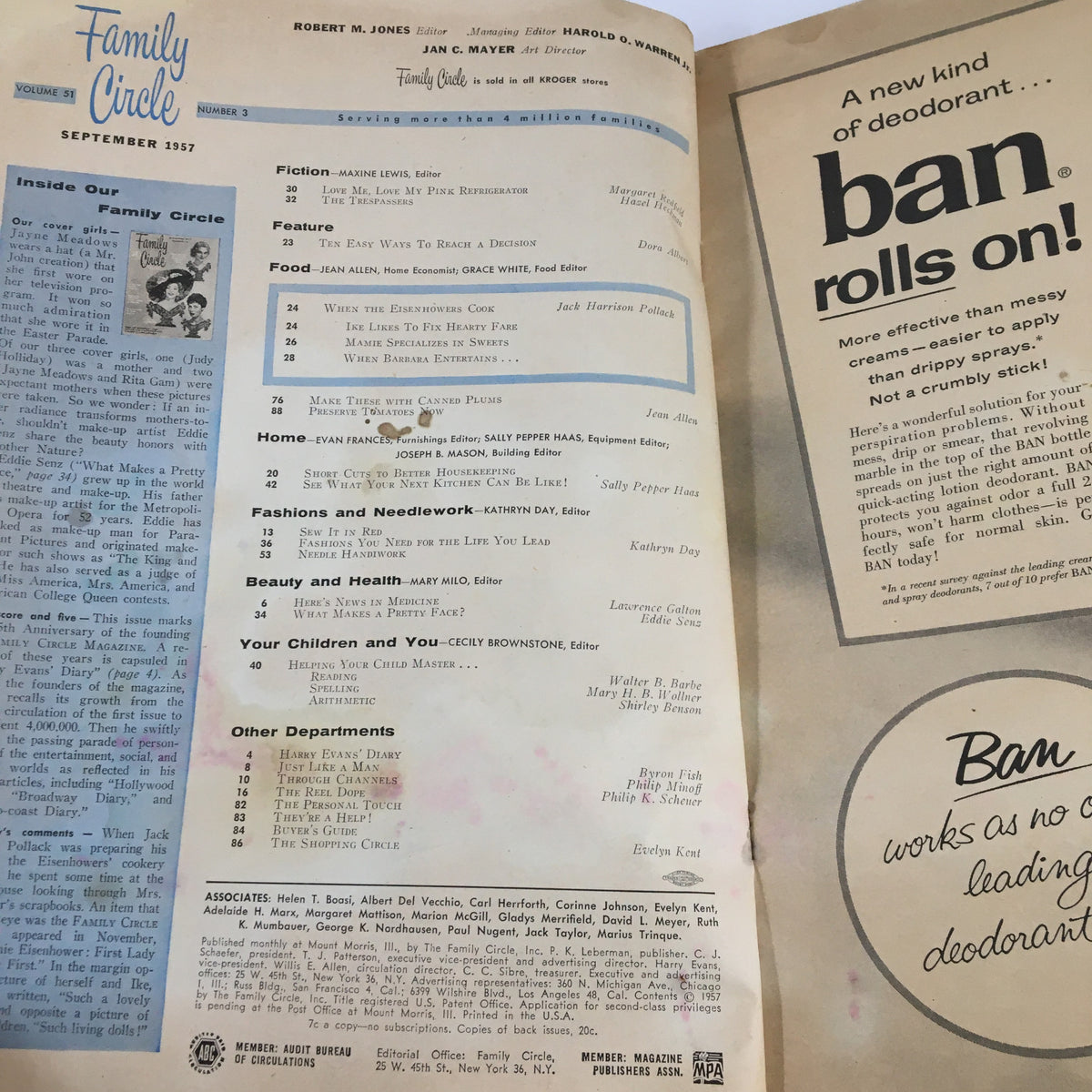 Inside page of VTG Family Circle Magazine September 1957 showcasing contents, articles, and advertisements including features on home and family, health, and beauty.