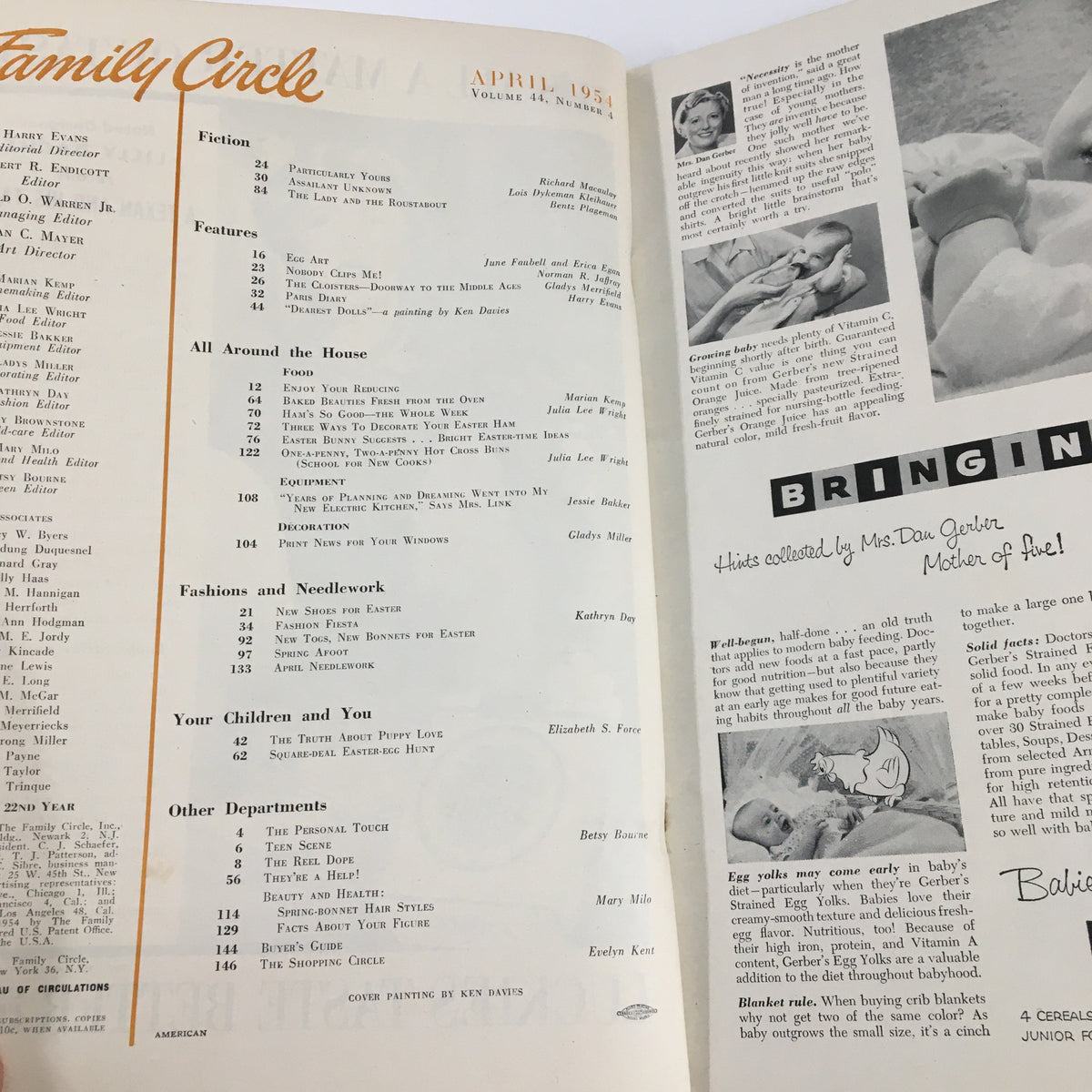 Inside page of VTG Family Circle Magazine April 1954 showcasing the table of contents with various features including egg-decorating ideas and family-oriented articles.