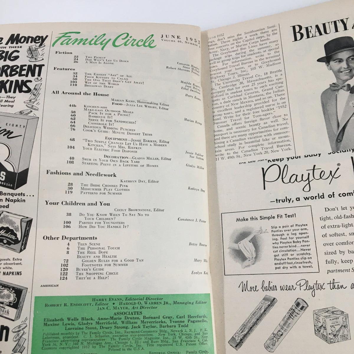 Inside page of VTG Family Circle Magazine June 1952 featuring the table of contents and various sections including 'Fiction', 'Fashions and Needlework', and 'Your Children and You', reflecting mid-20th century topics and trends.