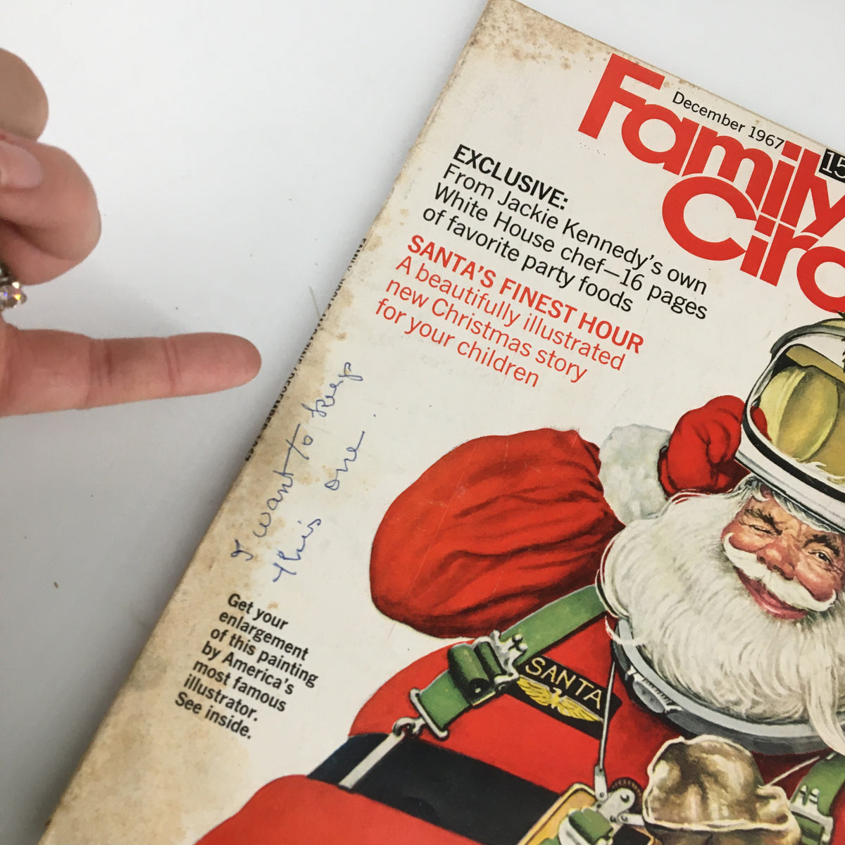 Cover of VTG Family Circle Magazine December 1967 featuring Santa Claus' Finest Hour with a colorful illustration of Santa Claus, nostalgic holiday details, and handwritten note.