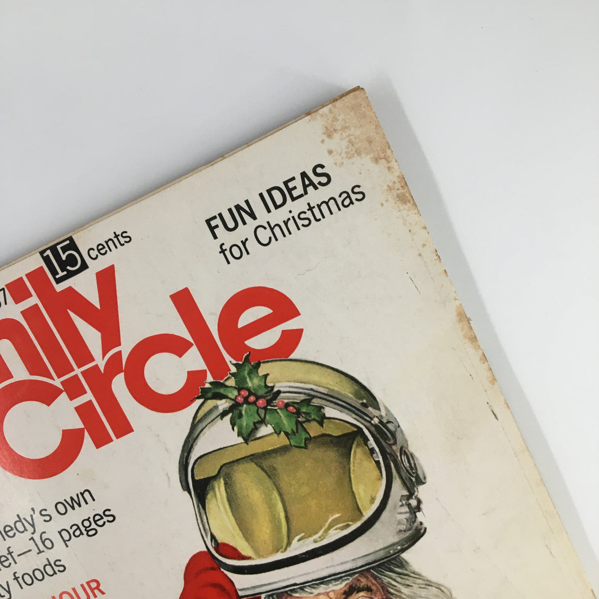 Close-up of the title section of VTG Family Circle Magazine December 1967 highlighting Santa Claus' Finest Hour and Fun Ideas for Christmas.