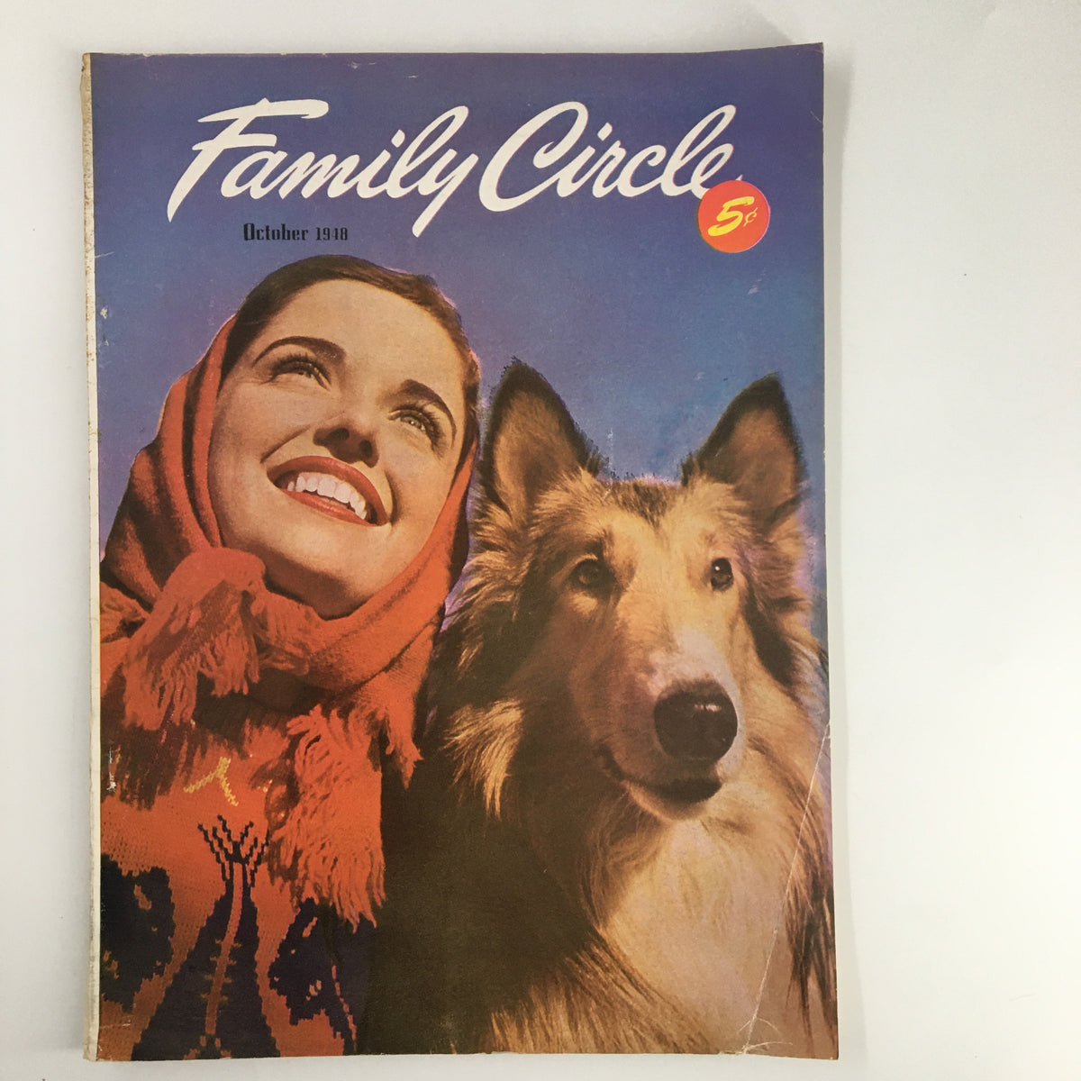 VTG Family Circle Magazine October 1948 featuring a smiling woman in a red scarf with a collie dog on the cover.