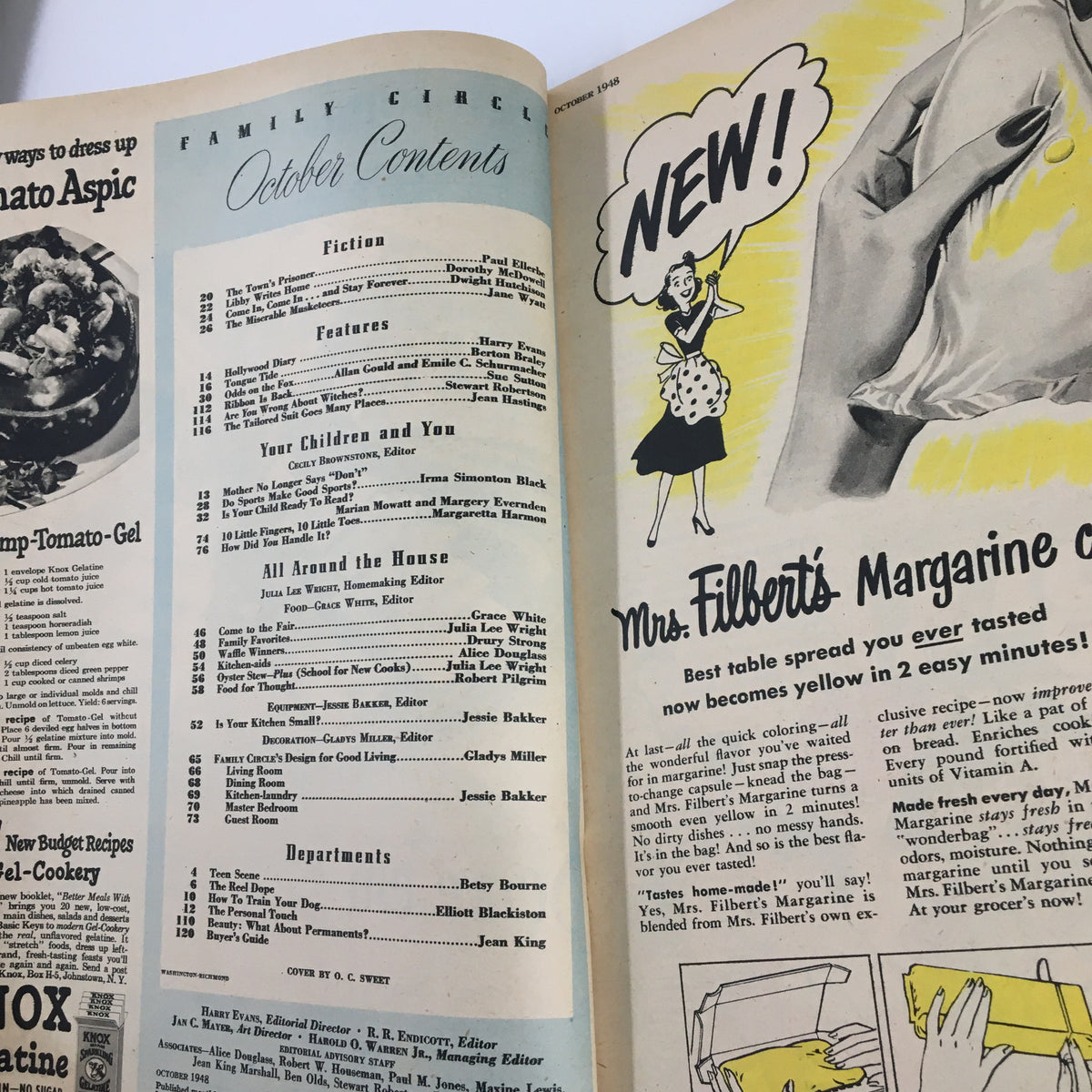 Interior page of the VTG Family Circle Magazine October 1948 displaying the contents including articles and advertisements of the era.