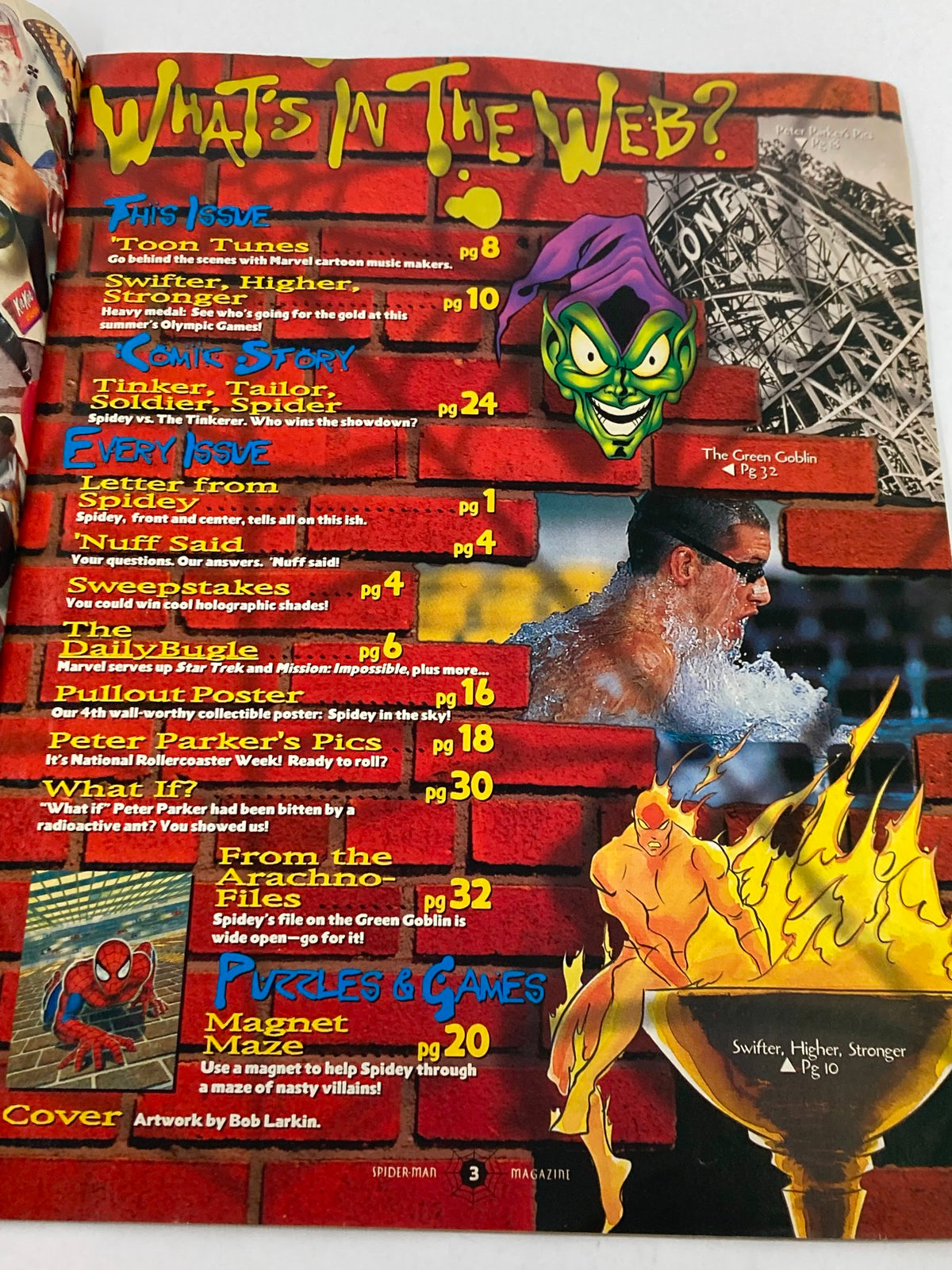 Table of contents page from the Marvel Comics Spider-Man Magazine for Kids, Summer 1996, listing features such as 'What's In The Web?', comic story details, and various interactive sections including puzzles and games.