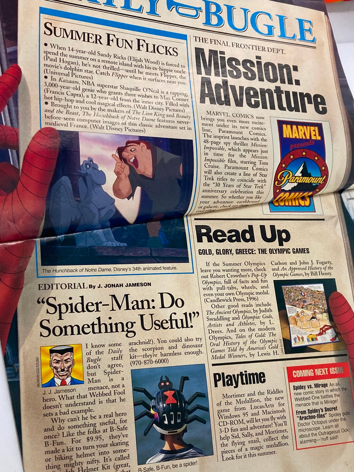 Marvel Comics Spider-Man Magazine for Kids Summer 1996 featuring 'Daily Bugle' editorial and articles including 'Spider-Man: Do Something Useful!'.