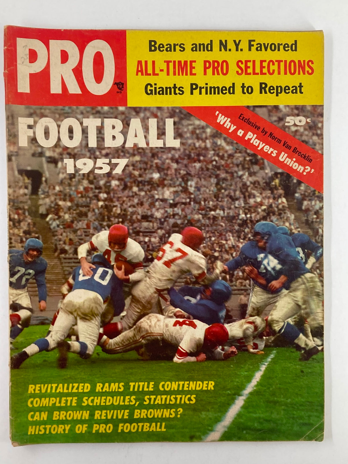 VTG Pro Football Magazine 1957 featuring the Chicago Bears and New York Giants on the cover, showcasing a dramatic football play, with historical sports highlights.