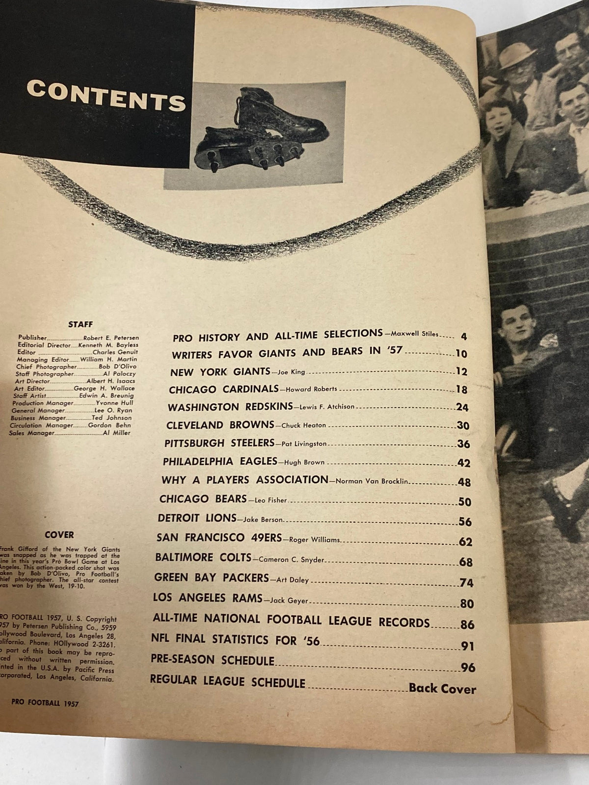 Contents page of the VTG Pro Football Magazine 1957, listing articles and features about NFL teams including the Chicago Bears and New York Giants.