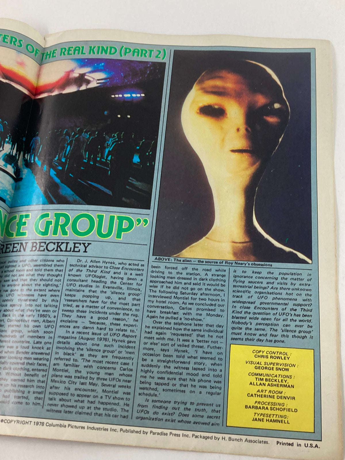 VTG 1978 Issue 2 Close Encounters of the Third Kind magazine interior page showing discussions about the Silence Group and alien imagery.