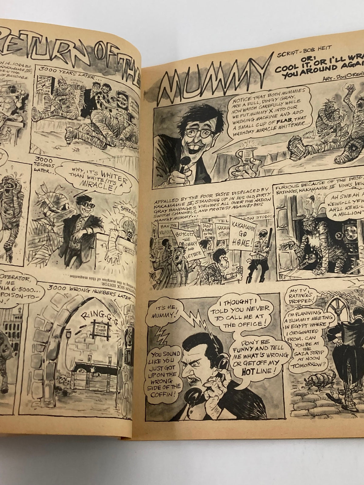 Interior page from VTG Sick Magazine December 1973 Vol 13 #4 showcasing the comic titled 'Return of The Mummy' with humorous sketches and dialogues.