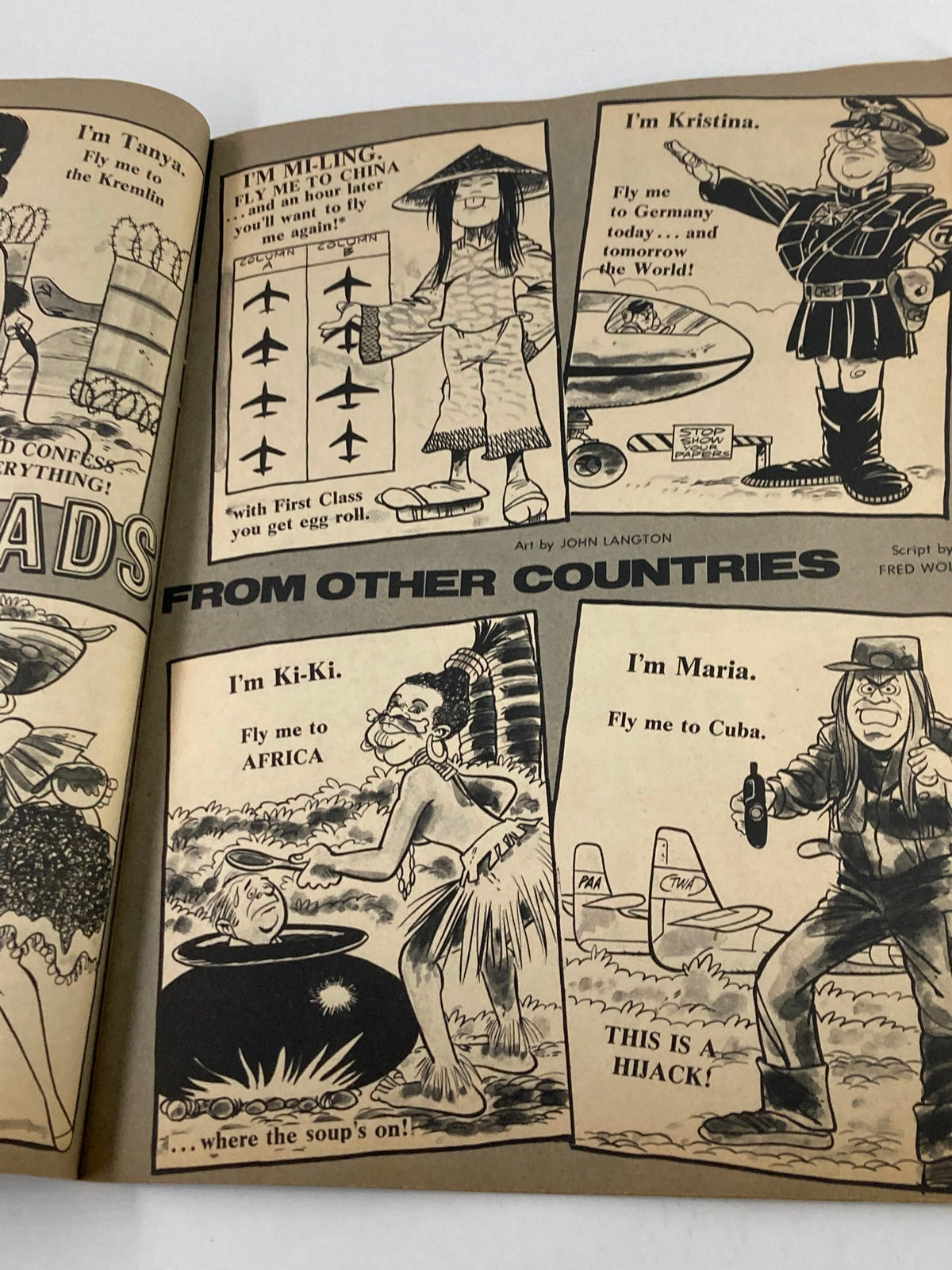 Interior page from VTG Sick Magazine December 1973 Vol 13 #4 featuring the comic panel 'From Other Countries' with caricatures and humorous dialogue by John Langton.