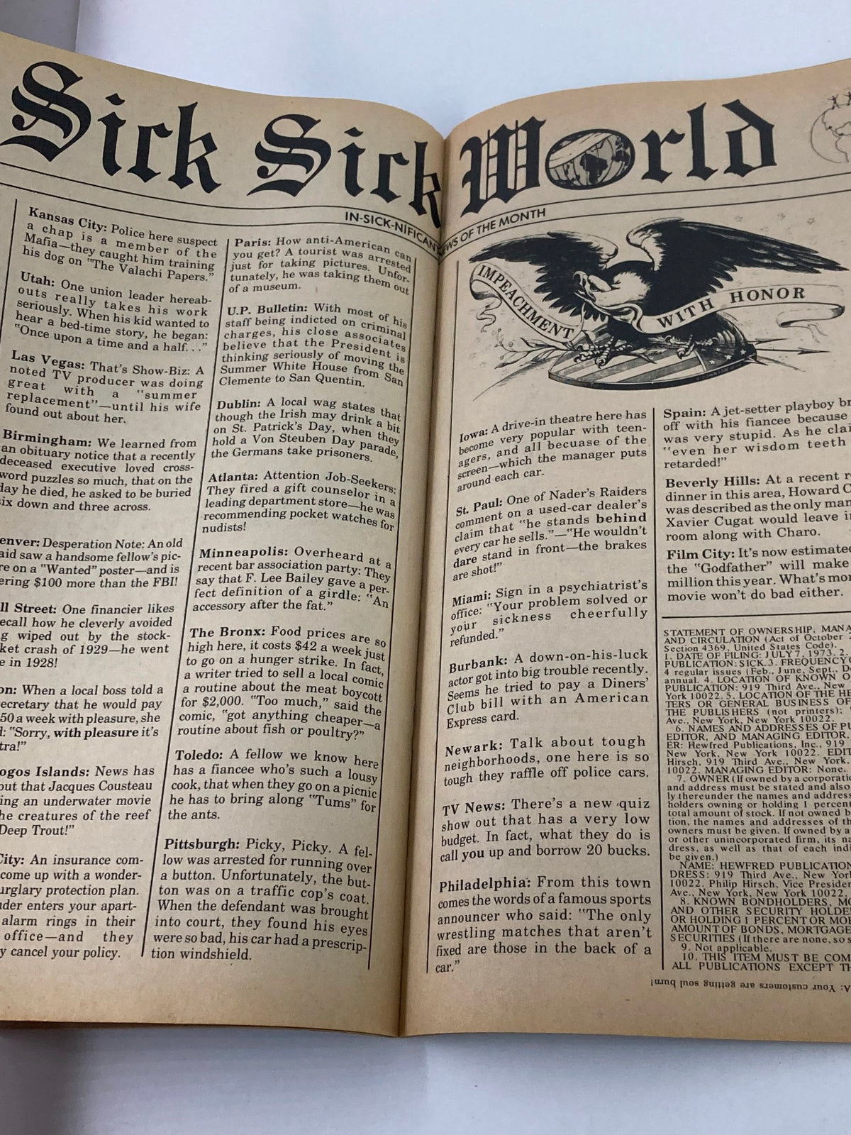Interior page from VTG Sick Magazine December 1973 Vol 13 #4 titled 'Sick Sick World' presenting satirical news reports with a humorous take on current events.