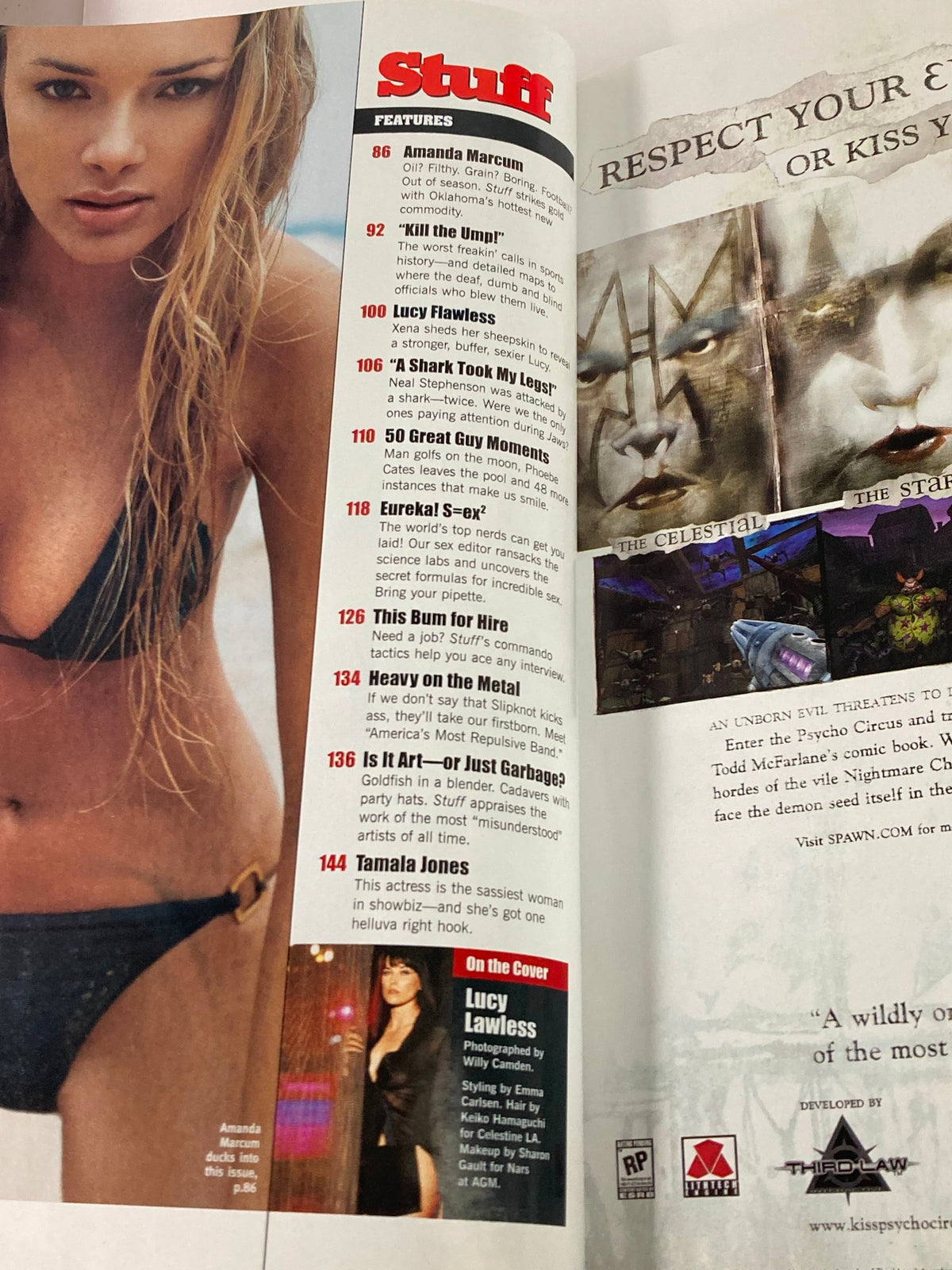 Inside page of Stuff for Men Magazine, June 2000, with a feature on Lucy Lawless, emphasizing her role and articles relevant to male readers of the era.