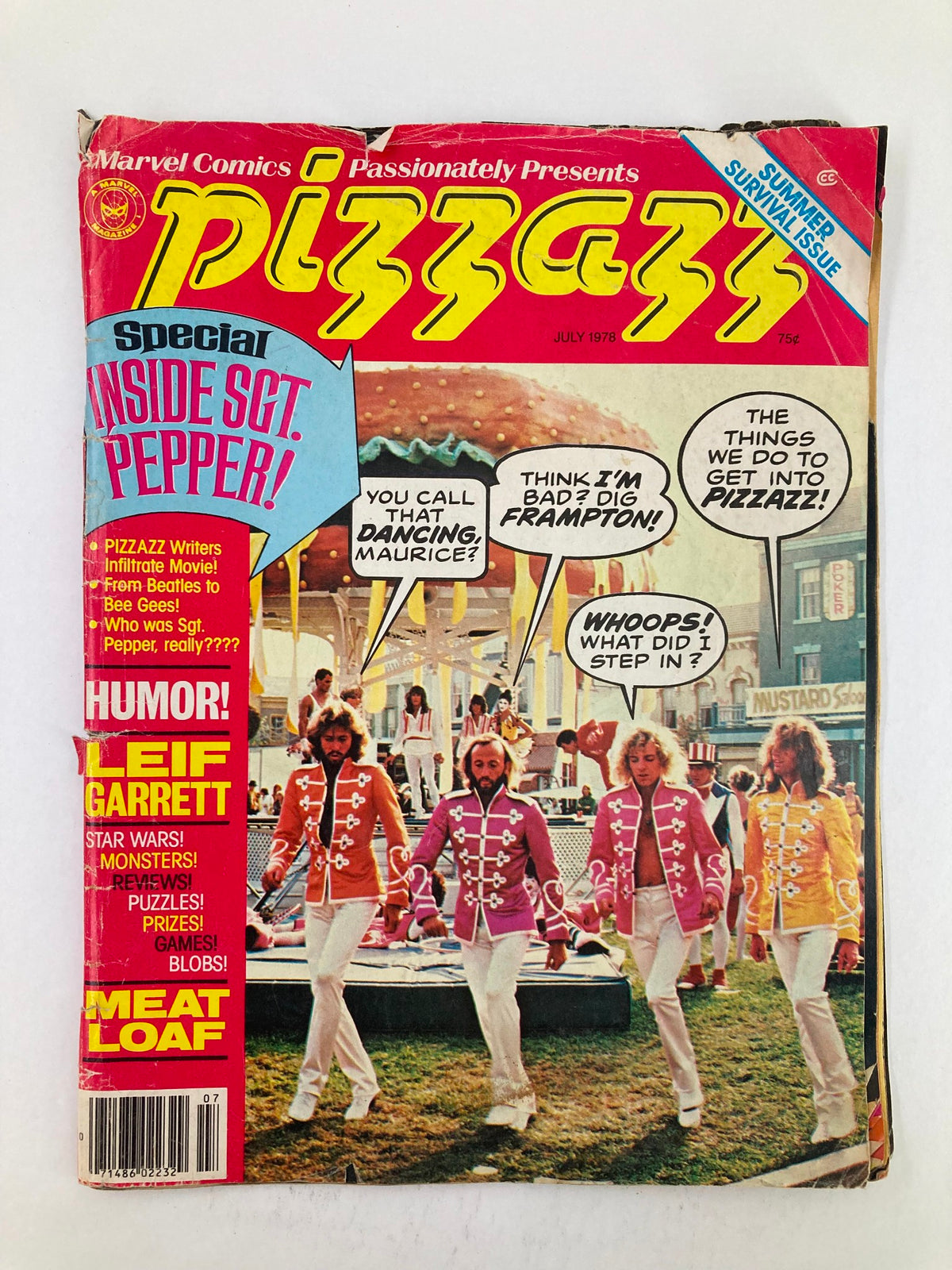 VTG Marvel Comics Pizzazz Issue 10 July 1978 cover featuring vibrant design and text highlighting the special inside Sgt. Pepper segment. The magazine includes references to popular culture and entertainment of the time.