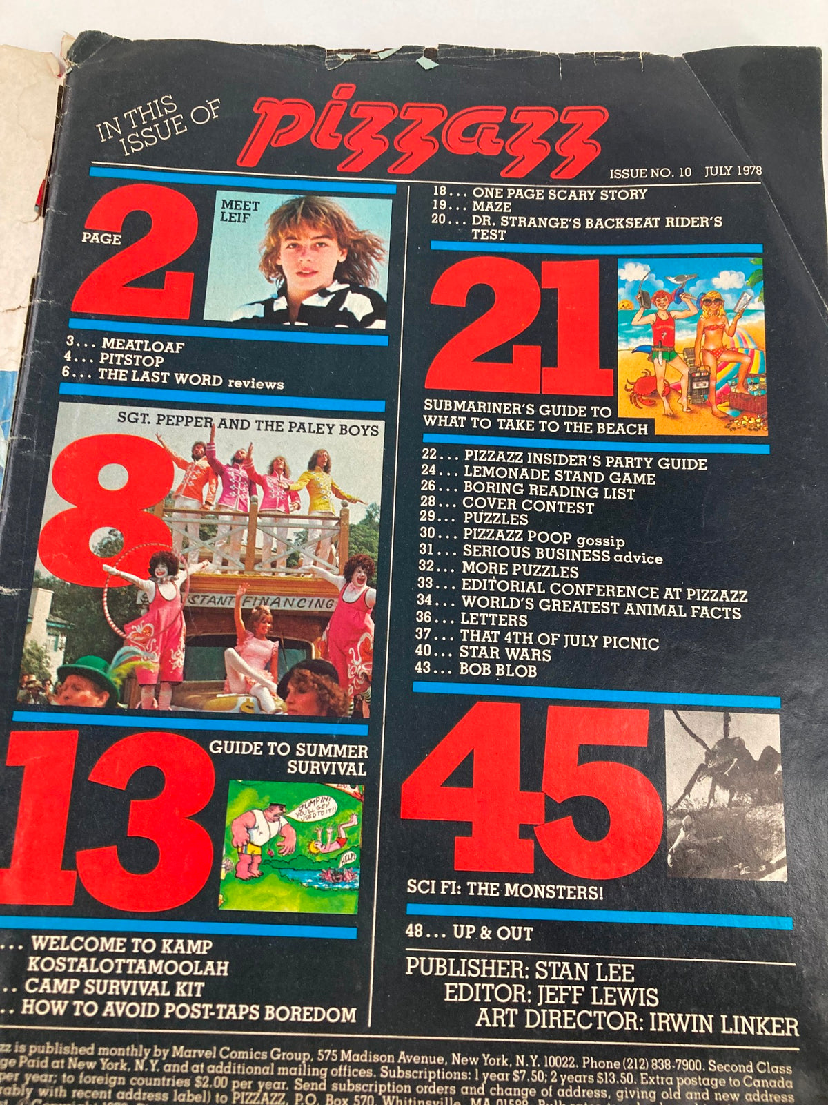 Contents page of VTG Marvel Comics Pizzazz Issue 10 July 1978 highlighting various topics and features like 'Meet AOP' and 'Guide to Summer Survival'. No Label.