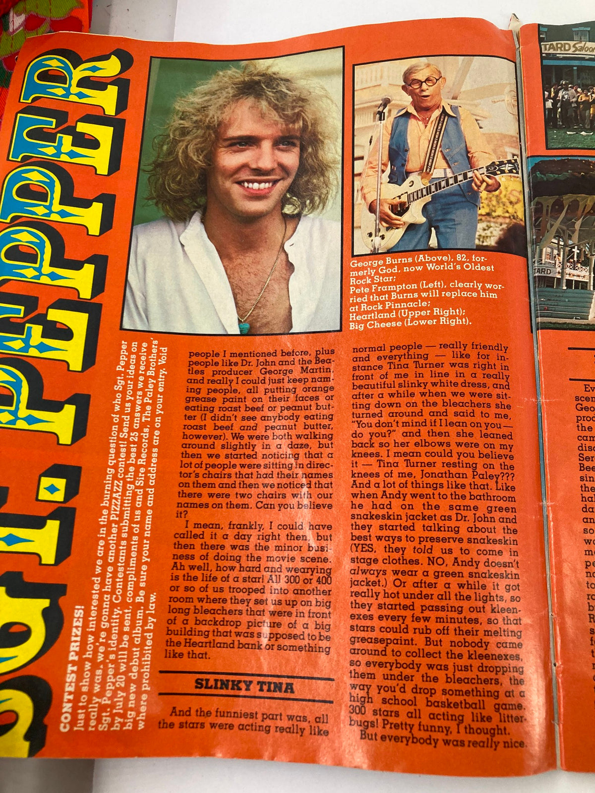 VTG Marvel Comics Pizzazz Issue 10 July 1978 - A page featuring George Burns and a musician, showcasing colorful graphics and text related to Sgt. Pepper.
