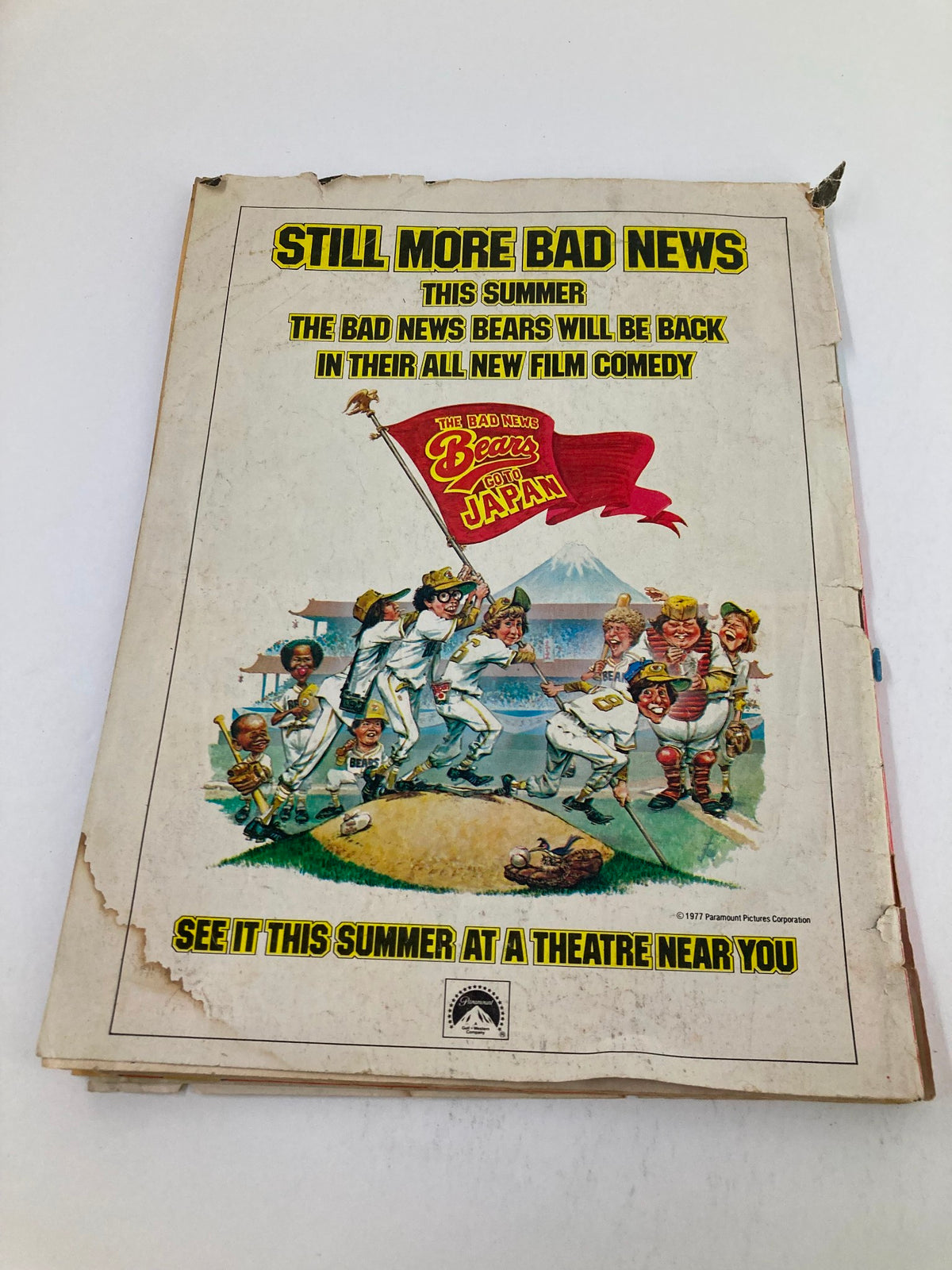 VTG Marvel Comics Pizzazz Issue 10 July 1978 - The back cover showcasing an advertisement for the film 'The Bad News Bears Go to Japan' in a vibrant and engaging layout.