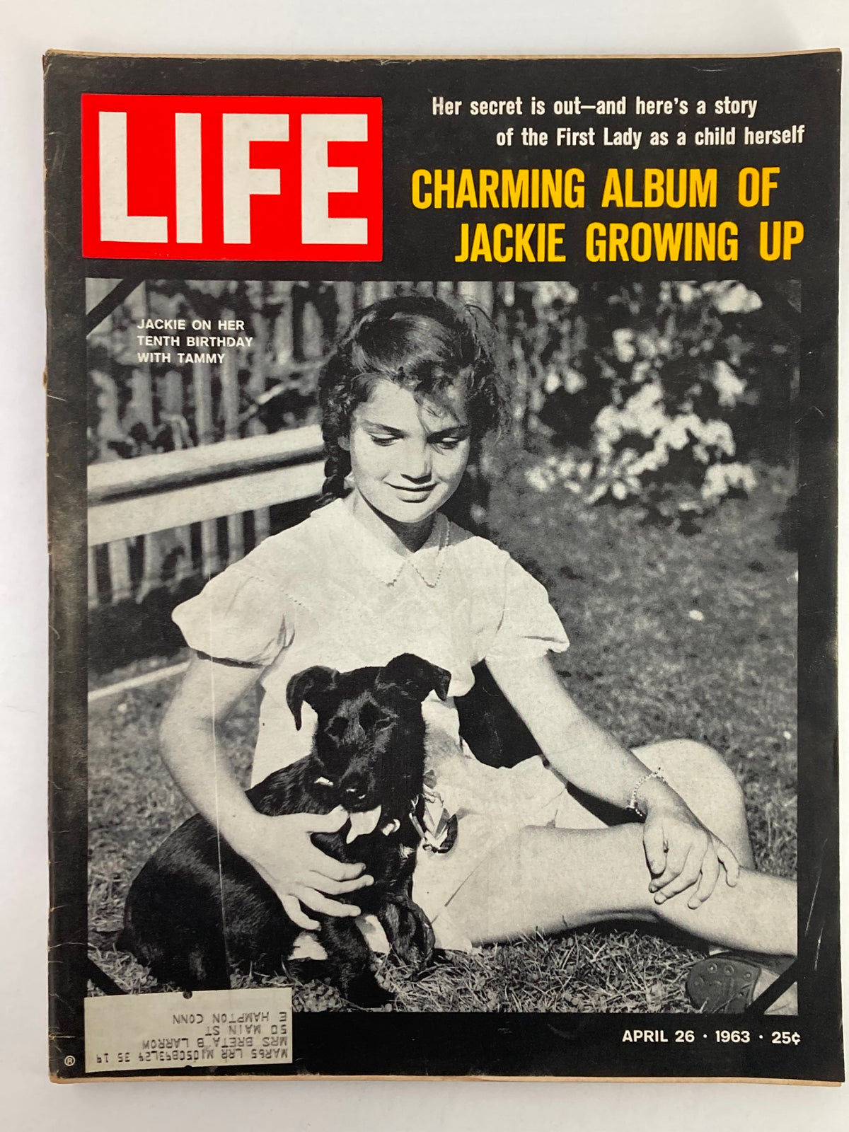 VTG Life Magazine April 26 1963 featuring Jackie Kennedy on her tenth birthday with her dog Tammy, showcasing a nostalgic cover that captures a moment of childhood joy.