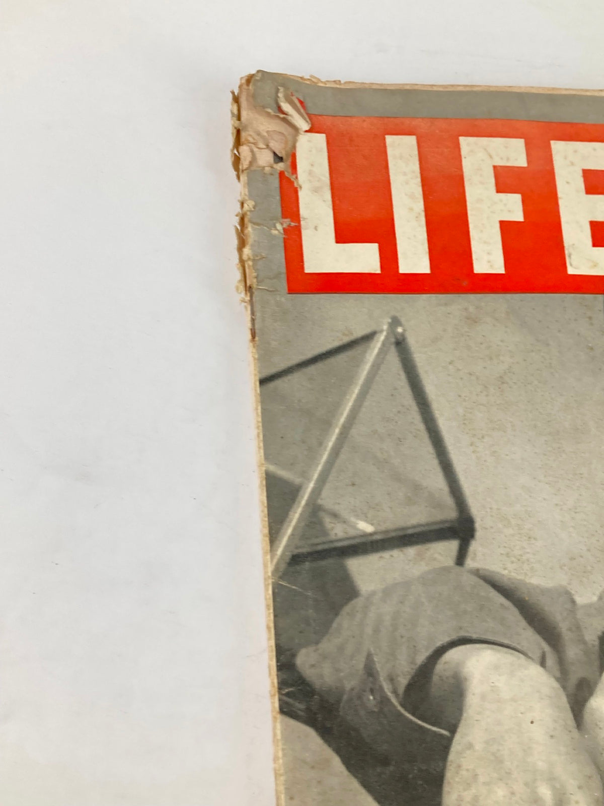 Close-up of the top corner of VTG Life Magazine from May 4, 1942, displaying the title and signs of wear.