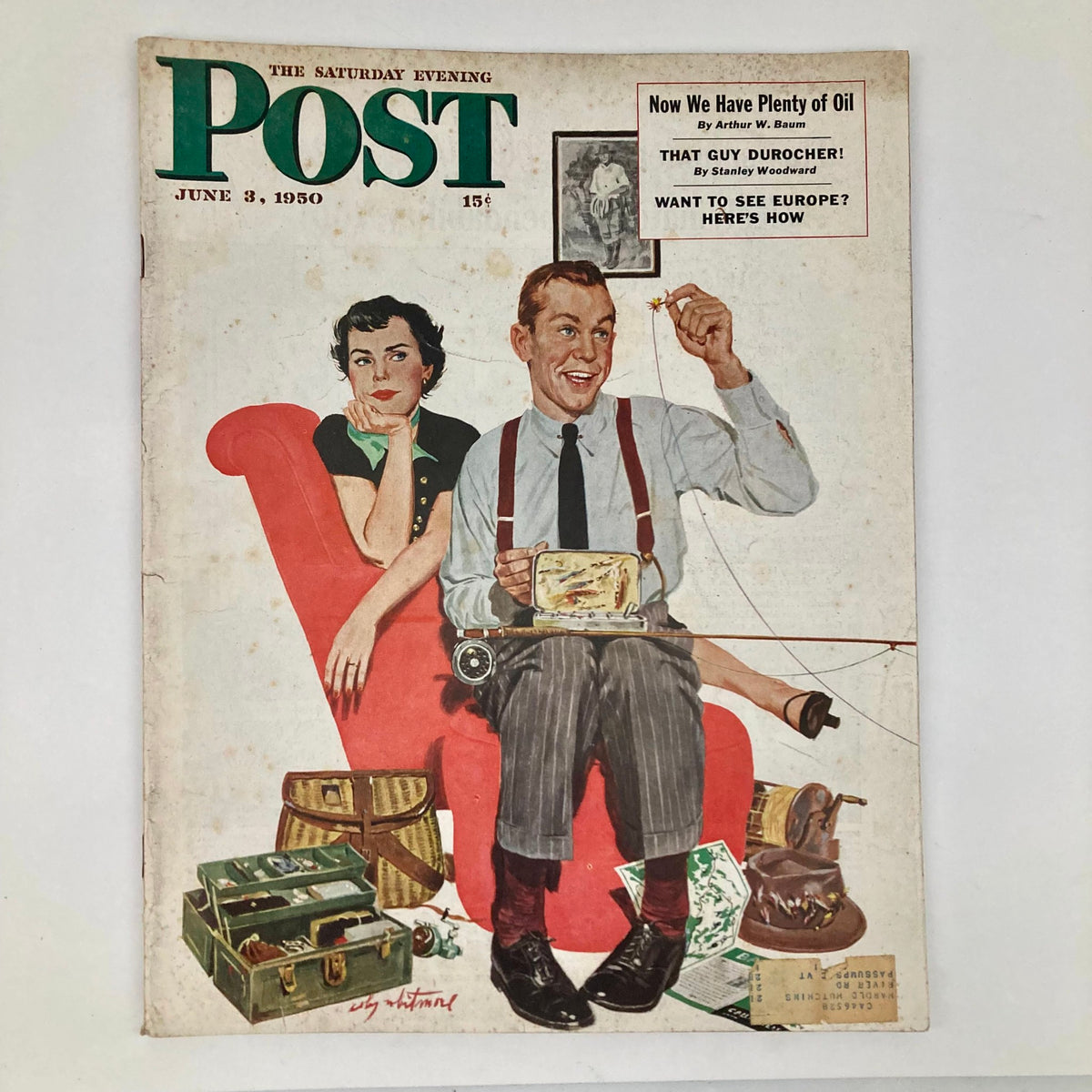 Saturday Evening Post Magazine Cover from June 3, 1950, featuring illustrated art by Coby Whitmore, depicting a smiling man in suspenders and a woman in a green dress on a red chair, surrounded by vintage items.