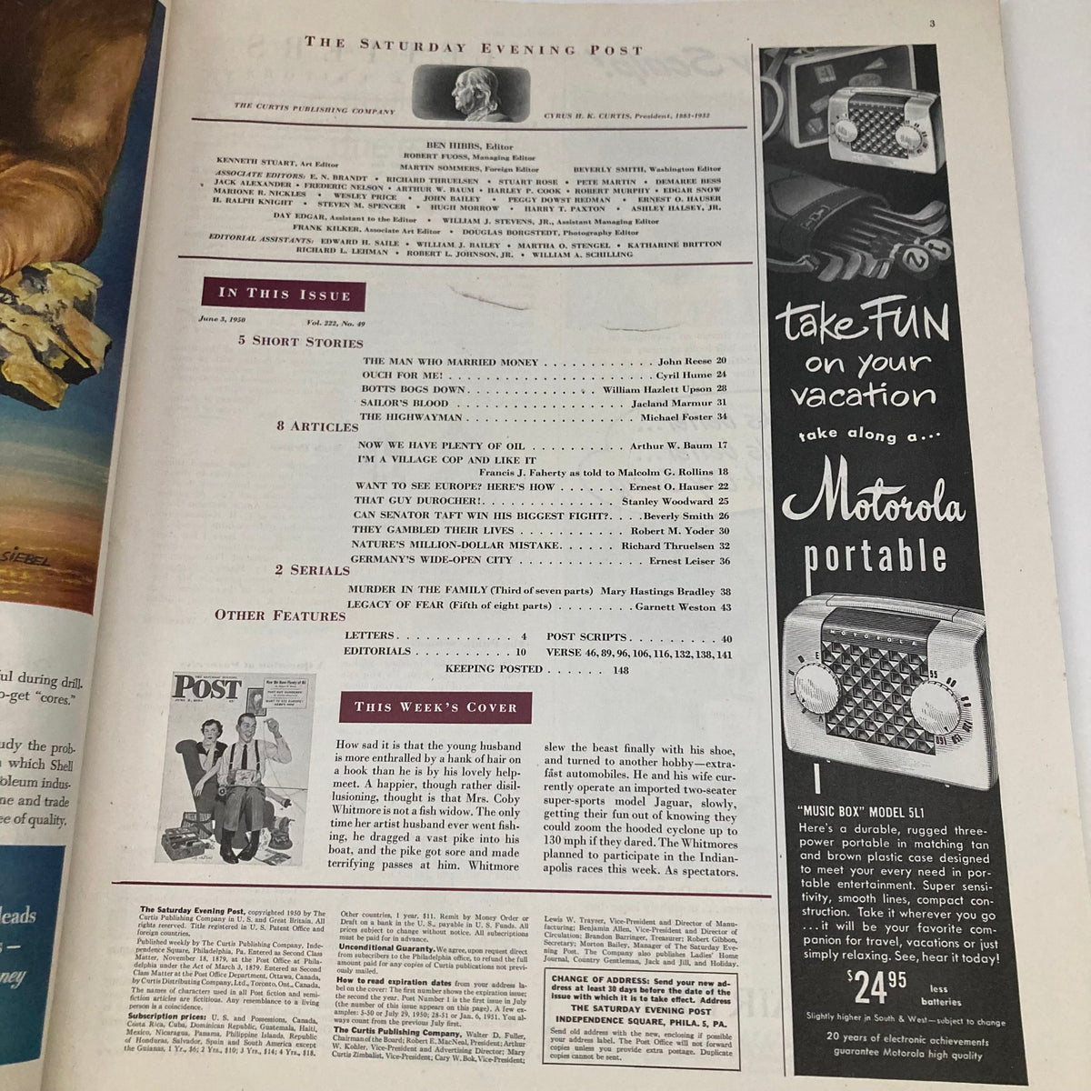 Inside page of Saturday Evening Post Magazine from June 3, 1950, showing the table of contents and features of the issue, including the cover illustration description and advertisements.