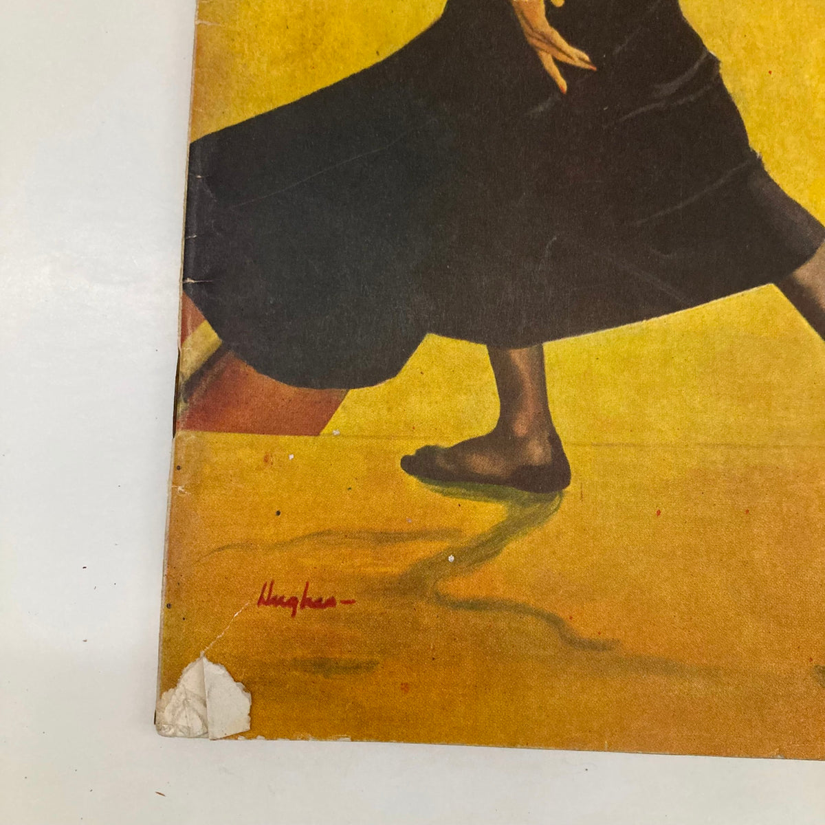 Close-up image of the illustrated cover of Saturday Evening Post Magazine January 28, 1950 by George Hughes, showcasing a woman in a flowing black dress, embodying vintage American art.
