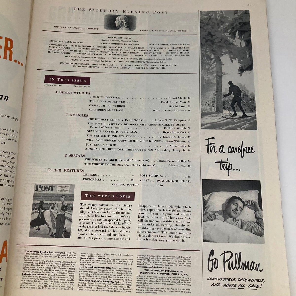 Inside page of the Saturday Evening Post Magazine January 28, 1950, displaying the table of contents and articles, featuring visuals and editorial notes for readers.