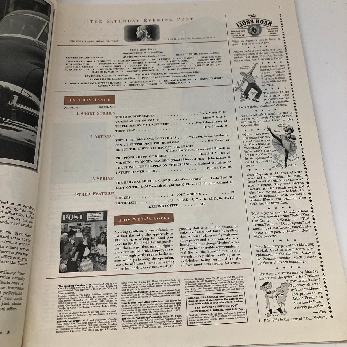 Interior page of the Saturday Evening Post July 21, 1951, featuring the table of contents and editorial notes, showcasing the magazine's classic layout and design typical of the era.