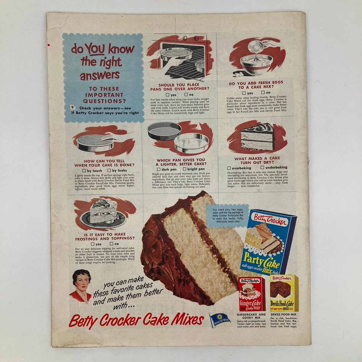 Betty Crocker advertisement with baking tips and instructions related to cake making, surrounded by cake mix packaging. Part of the Saturday Evening Post July 21 1951 Illustrated Cover by George Hughes.