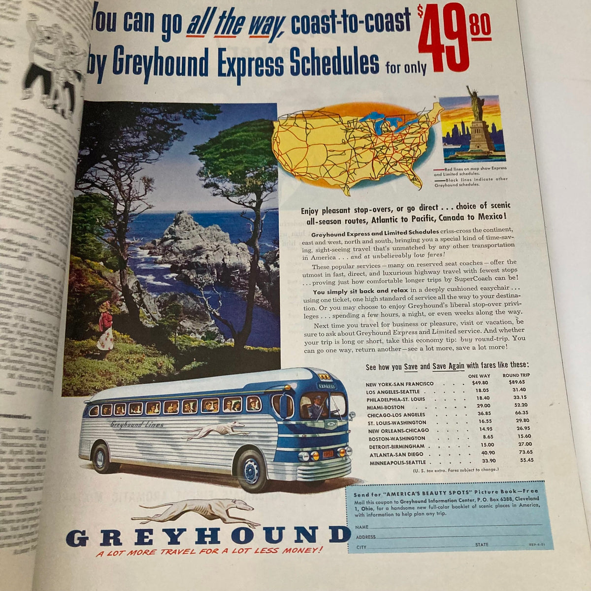 Vintage advertisement from the Saturday Evening Post June 9 1951 promoting Greyhound bus travel with colorful imagery of scenic routes across the United States.